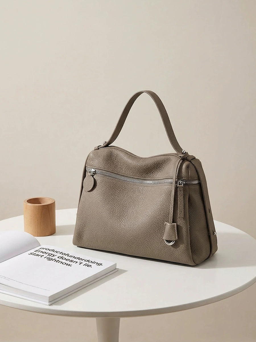 Etoupe Pebbled Leather Demi-Lune Shoulder Bag with Front Zip Pocket