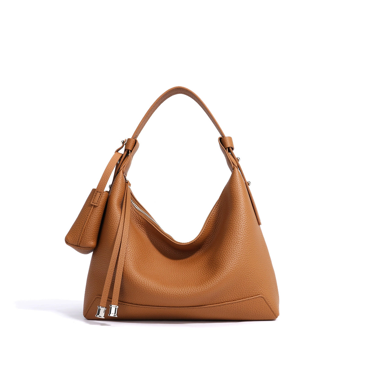 Tan Pebbled Leather Large Hobo with Zip Closure and Tassel Pull