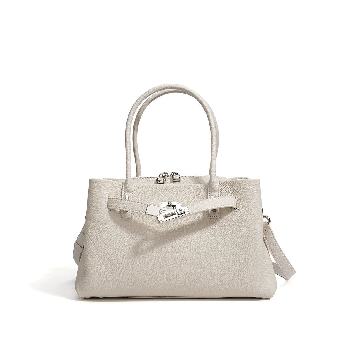 Cream Pebbled Leather Structured Top Handle Bag with Belt Lock