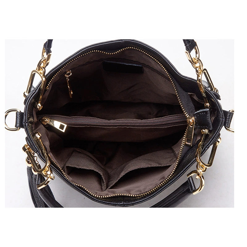 Black Antiqued Leather Slouch Shoulder Bag with Gold Chain Tassel
