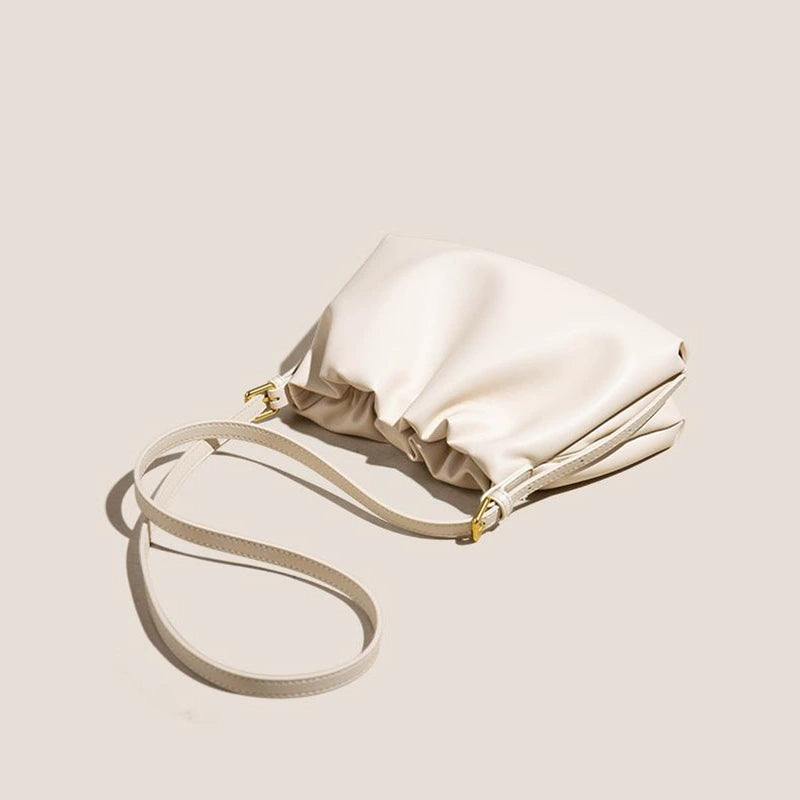 Ivory Ruched Cloud Shoulder Bag with Gold D-Ring Handle