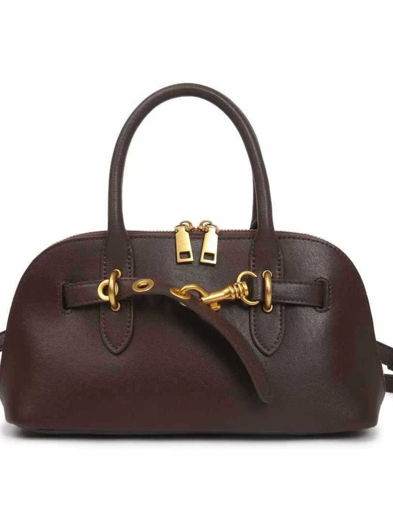 Dark Chocolate Pebbled Leather Mini Bowling Bag with Equestrian Hook
