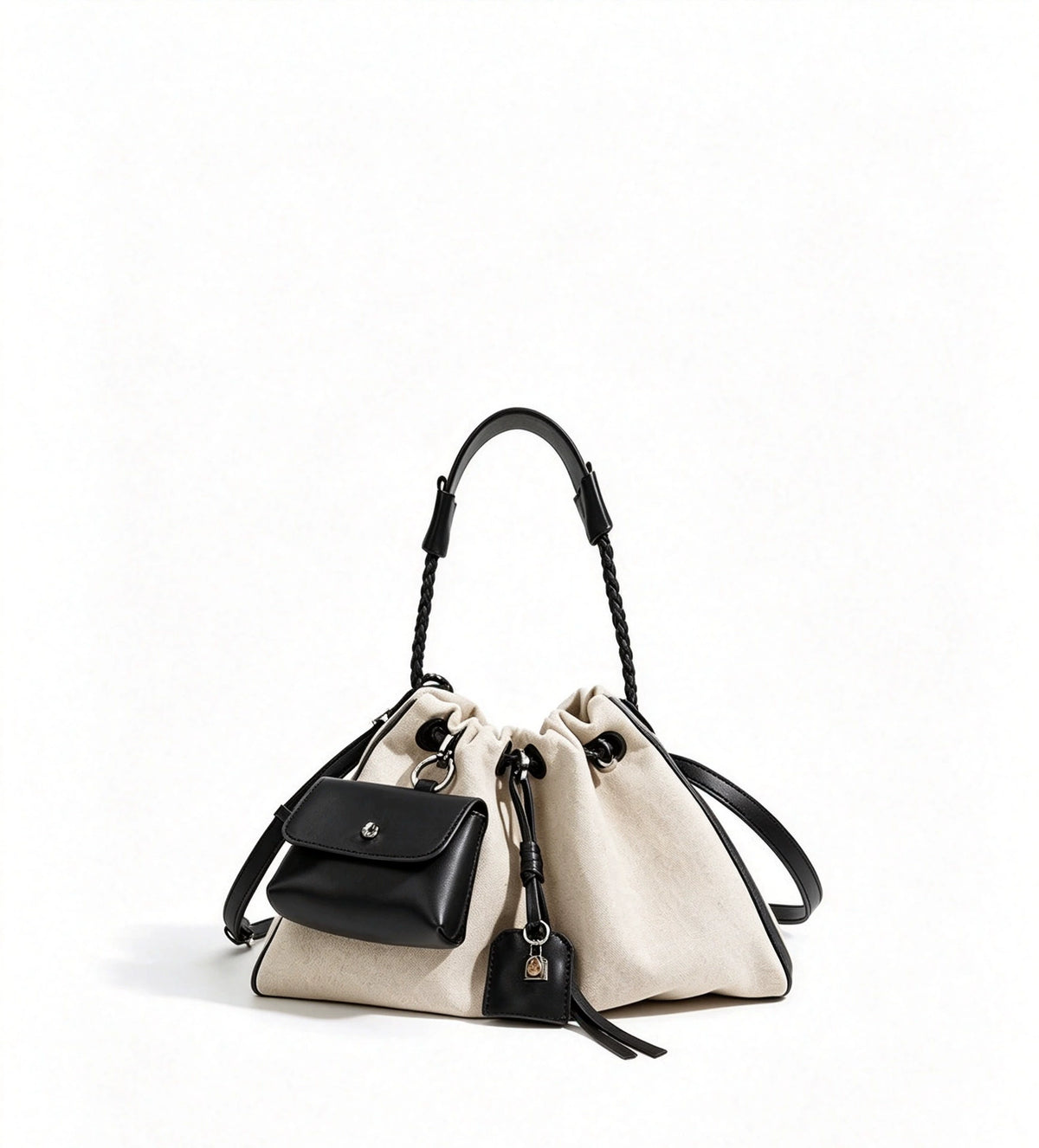 Cream Canvas Drawstring Bucket Bag with Detachable Mini Pouch
