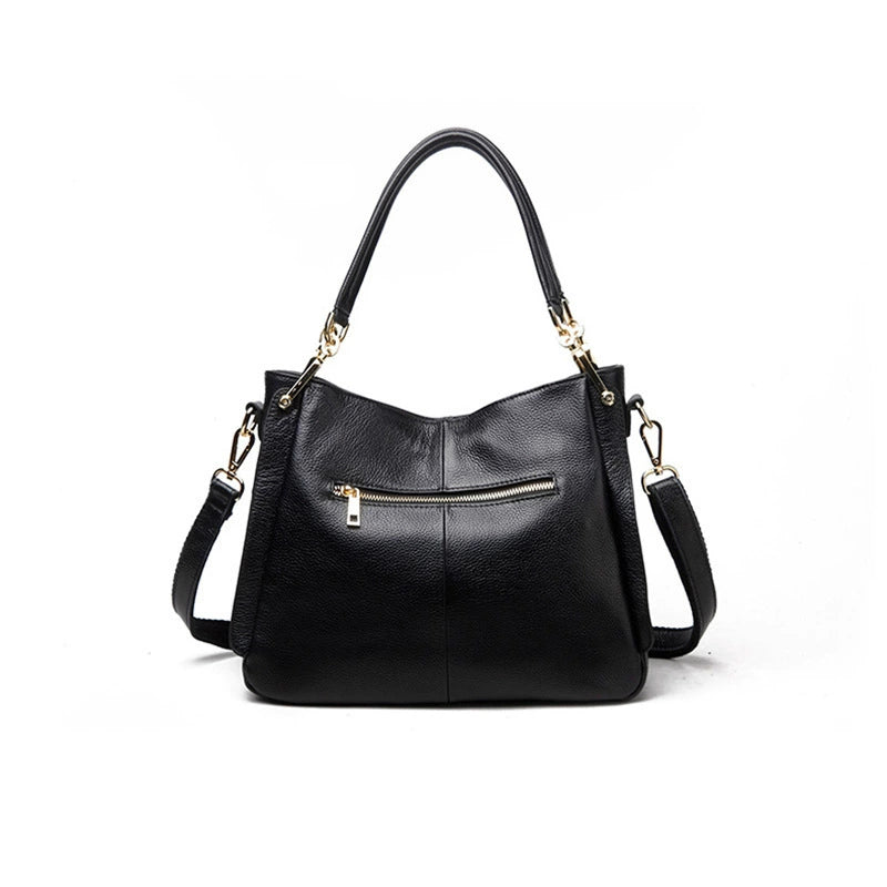 Black Antiqued Leather Slouch Shoulder Bag with Gold Chain Tassel