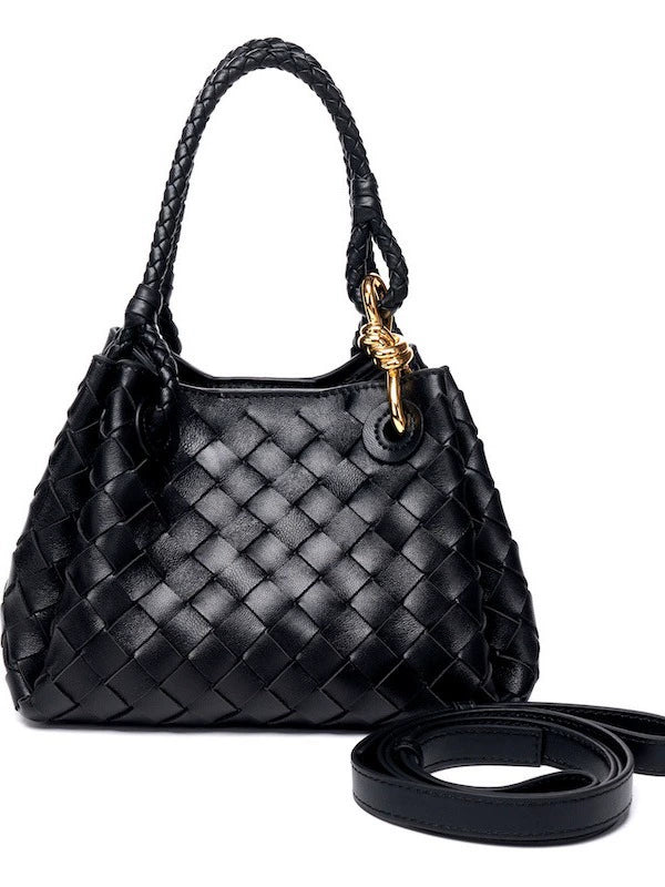 Black Woven Leather Mini Tote with Braided Rope Handles and Gold Hook