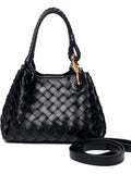 Black Woven Leather Mini Tote with Braided Rope Handles and Gold Hook
