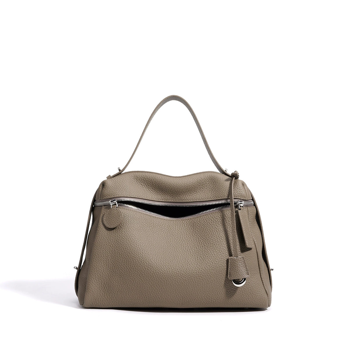 Etoupe Pebbled Leather Demi-Lune Shoulder Bag with Front Zip Pocket