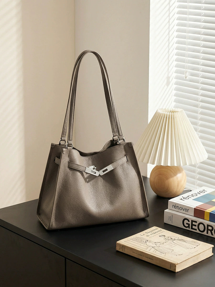 Etoupe Pebbled Leather Hobo Shoulder Bag with Front Push-Lock