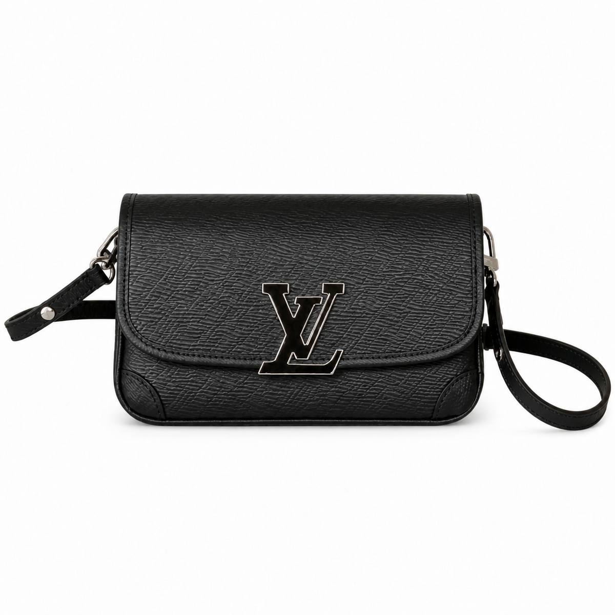 Louis Vuitton Flap Crossbody — Black Epi Leather, Silver Flip-Lock & Violet Suede Interior