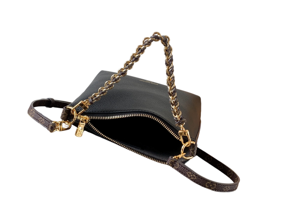 LV Black Grained Leather Clutch Bag | Monogram Strap Mini Bag